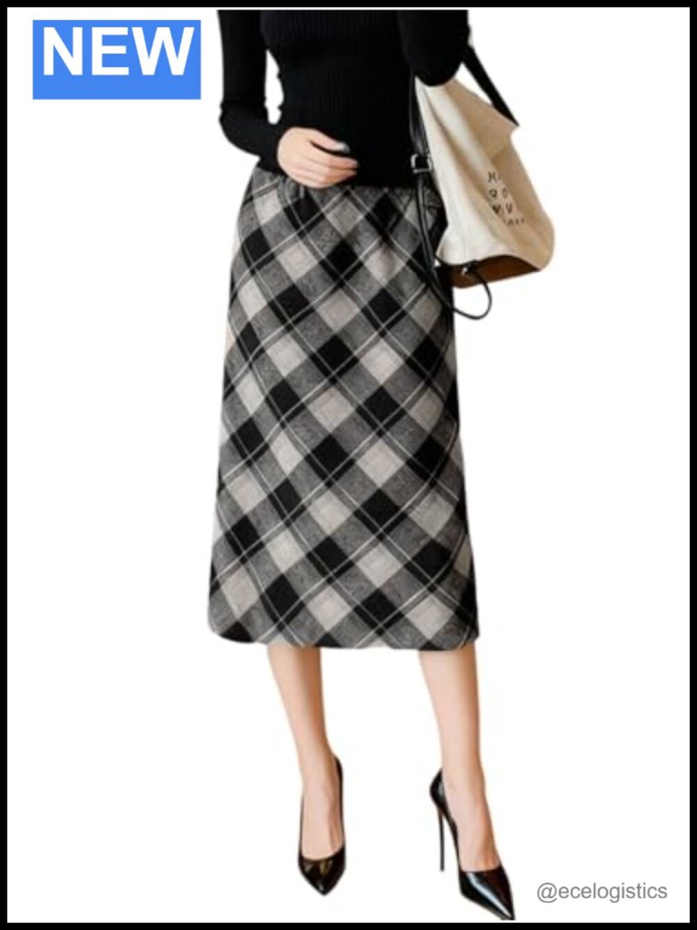 Plaid Midi Skirt High Waist A-Line Back Slit Pull On Fall Winter Office